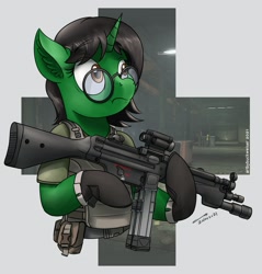 Size: 1920x2009 | Tagged: safe, artist:buckweiser, derpibooru import, oc, oc:ambitious gossip, unicorn, commission, female, glasses, gun, mp5, solo, submachinegun, weapon, ych result, your character here