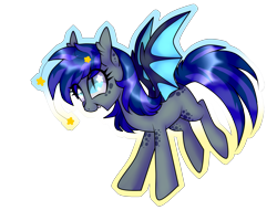 Size: 2057x1565 | Tagged: safe, artist:kaikururu, derpibooru import, oc, oc only, bat pony, pony, bat pony oc, bat wings, ethereal mane, eyelashes, female, mare, open mouth, simple background, smiling, solo, starry mane, transparent background, wings