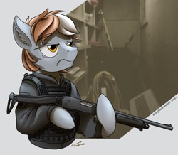 Size: 1920x1673 | Tagged: safe, artist:buckweiser, derpibooru import, oc, oc:radan, earth pony, commission, gun, male, mossberg 590, shotgun, solo, weapon, ych result, your character here