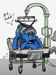 Size: 596x807 | Tagged: safe, artist:buckweiser, derpibooru import, oc, oc:buckminster, back, bed, crying, face down ass up, faceless ponies, hospital bed, jacko challenge, meme, pain, sketch, tears of pain, vulgar