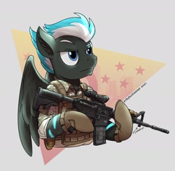 Size: 1920x1872 | Tagged: safe, artist:buckweiser, derpibooru import, oc, oc:moonmart, commission, gun, m4, m4a1, male, rifle, solo, weapon, ych result, your character here