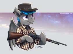 Size: 1920x1427 | Tagged: safe, artist:buckweiser, derpibooru import, oc, oc:wild pine, pegasus, commission, cowboy hat, gun, hat, henry rifle, male, rifle, stetson, weapon, ych result, your character here