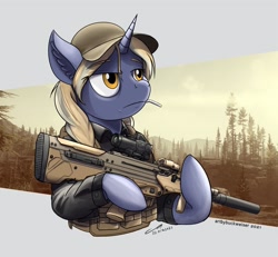 Size: 1920x1773 | Tagged: safe, artist:buckweiser, derpibooru import, oc, oc:blasting cap, unicorn, commission, female, gun, mdrx, rifle, solo, weapon, ych result, your character here