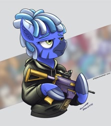 Size: 1920x2162 | Tagged: safe, artist:buckweiser, derpibooru import, oc, zebra, clothes, commission, female, gun, hoodie, submachinegun, weapon, ych result, your character here