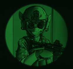 Size: 1920x1824 | Tagged: safe, artist:buckweiser, derpibooru exclusive, derpibooru import, oc, oc only, garand thumb, goggles, grin, gun, meme, night vision goggles, ponified, ponified meme, rifle, smiling, solo, weapon