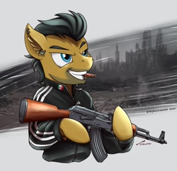 Size: 1920x1854 | Tagged: safe, artist:buckweiser, derpibooru import, oc, oc:jack taylor, pegasus, ak, ak-47, assault rifle, cigar, commission, five o'clock shadow, gun, male, rifle, solo, tracksuit, weapon, ych result, your character here