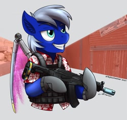 Size: 1920x1811 | Tagged: safe, artist:buckweiser, derpibooru import, oc, oc:inheart star, ak, ak-47, artificial wings, assault rifle, augmented, clothes, commission, gun, hardlight, hawaiian shirt, mechanical wing, rifle, shirt, solo, weapon, wings, ych result, your character here