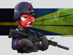 Size: 1920x1444 | Tagged: safe, artist:buckweiser, derpibooru import, oc, oc:duskinito, unicorn, ar15, commission, gun, helmet, male, rifle, solo, swat, weapon, ych result, your character here