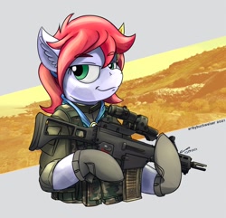 Size: 1920x1853 | Tagged: safe, artist:buckweiser, derpibooru import, oc, oc:azimuth wayfarer, crystal pony, commission, female, g36c, gun, rifle, solo, weapon, ych result, your character here