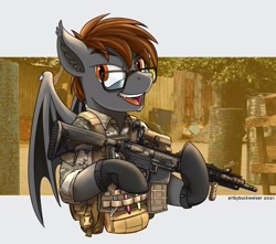 Size: 1920x1700 | Tagged: safe, artist:buckweiser, derpibooru import, oc, oc:night dice, bat pony, bat pony oc, commission, glasses, gun, m4a1, male, mk18, rifle, solo, weapon, ych result, your character here