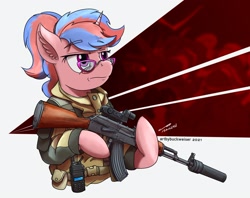 Size: 1920x1518 | Tagged: safe, alternate version, artist:buckweiser, derpibooru import, oc, oc:bree, unicorn, akm, commission, female, glasses, gun, rifle, weapon, ych result, your character here