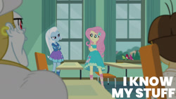 Size: 1280x720 | Tagged: safe, derpibooru import, edit, edited screencap, editor:quoterific, screencap, bulk biceps, fluttershy, trixie, wiz kid, bird, a little birdie told me, better together, equestria girls, clothes, crossed arms, cutie mark on clothes, female, geode of fauna, hairpin, hoodie, jewelry, magical geodes, male, necklace, sandals