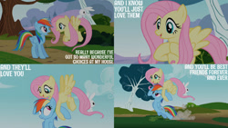 Size: 1280x720 | Tagged: safe, derpibooru import, edit, edited screencap, editor:quoterific, screencap, angel bunny, fluttershy, rainbow dash, pegasus, pony, rabbit, may the best pet win, season 2, animal, cute, female, flying, male, mare, open mouth, rainbow dash is not amused, shyabetes, spread wings, tree, unamused, wings