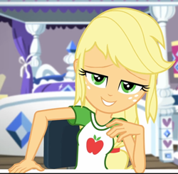 Size: 554x542 | Tagged: safe, derpibooru import, edit, edited screencap, screencap, applejack, better together, camping must-haves, equestria girls, applejacked, clothes, hatless, missing accessory, muscles, shirt, t-shirt