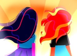 Size: 1228x895 | Tagged: safe, artist:hiumatve, derpibooru import, sunset shimmer, twilight sparkle, equestria girls, duo, duo female, female, rear view, sunset