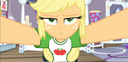 Size: 1114x545 | Tagged: safe, derpibooru import, edit, edited screencap, screencap, applejack, better together, camping must-haves, equestria girls, annoyed, applejacked, clothes, cute, freckles, hatless, missing accessory, muscles, rarity's bedroom, shirt, t-shirt