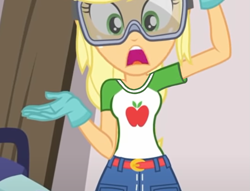 Size: 761x580 | Tagged: safe, derpibooru import, edit, edited screencap, screencap, applejack, better together, equestria girls, applejacked, belt, belt buckle, clothes, confused, cute, denim skirt, gloves, goggles, missing accessory, muscles, shirt, skirt, t-shirt