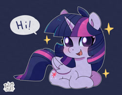Size: 1280x995 | Tagged: safe, artist:talim_stuff, derpibooru import, twilight sparkle, twilight sparkle (alicorn), alicorn, pony, cute, dialogue, female, looking at you, lying, lying down, mare, open mouth, open smile, ponyloaf, prone, purple background, simple background, smiling, smiling at you, solo, sparkles, speech bubble, twiabetes, white outline