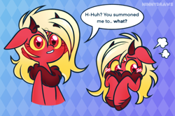 Size: 3184x2120 | Tagged: safe, artist:ninnydraws, derpibooru import, oc, oc only, oc:lori, demon, demon pony, pony, blushing, chest fluff, colored sclera, eyebrows, female, flustered, horns, imminent sex, imminent snuggles, mare, red eyes, shy, simple background, third eye, yellow sclera