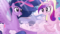 Size: 1920x1080 | Tagged: safe, artist:sallyso, derpibooru import, princess cadance, princess twilight 2.0, twilight sparkle, twilight sparkle (alicorn), alicorn, pony, the last problem, alternate hairstyle, cloud, cute, cutedance, duo, eye contact, female, flying, grin, looking at each other, looking at someone, mare, older, older twilight, raised hoof, raised leg, sky, smiling, twiabetes