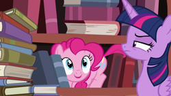 Size: 1920x1080 | Tagged: safe, derpibooru import, screencap, pinkie pie, twilight sparkle, twilight sparkle (alicorn), alicorn, earth pony, pony, pinkie apple pie, season 4, annoyed, book, bookshelf, female, mare