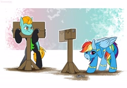 Size: 2048x1426 | Tagged: safe, artist:kirasunnight, derpibooru import, lightning dust, rainbow dash, pegasus, pony, bipedal, bondage, clothes, duo, female, mare, pillory, stocks, uniform, washouts uniform, wonderbolts uniform