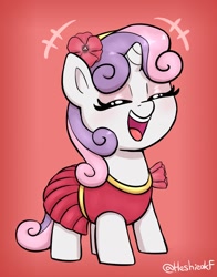Size: 1074x1368 | Tagged: safe, artist:heretichesh, derpibooru import, sweetie belle, pony, unicorn, clothes, cute, diasweetes, dress, eyes closed, eyeshadow, female, filly, flower, flower in hair, foal, gradient background, happy, makeup, open mouth, open smile, smiling, solo