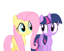 Size: 894x720 | Tagged: safe, derpibooru import, edit, edited screencap, screencap, fluttershy, twilight sparkle, unicorn twilight, pegasus, pony, unicorn, a bird in the hoof, season 1, background removed, female, looking at each other, looking at someone, simple background, transparent background