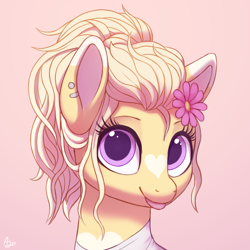 Size: 1500x1500 | Tagged: safe, artist:luminousdazzle, derpibooru import, oc, oc only, oc:vanilla heart, earth pony, pony, :p, bust, coat markings, cute, ear piercing, earth pony oc, eyelashes, female, flower, flower in hair, heart mark, looking at you, mare, piercing, pink background, ponytail, portrait, purple eyes, signature, simple background, smiling, smiling at you, solo, tongue, tongue out