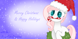 Size: 2116x1068 | Tagged: safe, artist:sugarcubecreationz, derpibooru import, oc, oc:sweetheart, pony, unicorn, base used, candy, candy cane, christmas, female, food, hat, holiday, mare, mouth hold, santa hat, solo