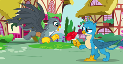 Size: 3840x2000 | Tagged: safe, artist:dashiesparkle edit, artist:frownfactory, artist:sugarcubecreationz, derpibooru import, edit, gabby, gallus, griffon, bouquet, female, flower, gabbus, male, shipping, straight