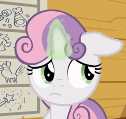 Size: 800x755 | Tagged: safe, derpibooru import, screencap, sweetie belle, pony, unicorn, g4, marks for effort, season 8, spoiler:s08, animated, clubhouse, cropped, crusaders clubhouse, cute, diasweetes, doodle, ears, female, filly, floppy ears, foal, frown, gif, glowing, glowing horn, hat, head shake, horn, list, magic, magic aura, magic wand, no, party hat, sad, solo, two toned mane