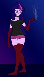 Size: 571x1000 | Tagged: safe, artist:slamjam, derpibooru import, twilight sparkle, human, black choker, black shirt, choker, clothes, cutie mark accessory, cutie mark choker, evening gloves, female, gloves, gradient background, holding, humanized, long gloves, looking at something, multicolored hair, pink skirt, pleated skirt, purple eyes, purple skin, raised arm, red gloves, red stockings, skirt, smoke, smoking, socks, solo, standing, stocking feet, stockings, thigh highs