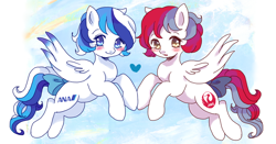 Size: 900x473 | Tagged: safe, artist:tsukuda, pegasus, pony, abstract background, airline, airlines, all nippon airways, ana, blushing, bow, digital art, duo, female, flying, heart, jal, japan, japan airlines, looking at you, mare, open mouth, ponified, spread wings, tail bow, wings