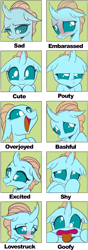 Size: 713x2022 | Tagged: safe, artist:nauyaco, derpibooru import, lovestruck, ocellus, changedling, changeling, bashful, blushing, cute, diaocelles, embarrassed, emoji, excited, expressions, female, goofy, green background, open mouth, open smile, overjoyed, pouty, sad, shy, simple background, smiling, solo, tongue, tongue out