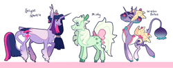 Size: 3810x1507 | Tagged: safe, artist:goatpaste, derpibooru import, twilight sparkle, oc, alicorn, earth pony, pony, unicorn, crown, jewelry, leg fluff, regalia, simple background