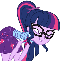 Size: 2666x2653 | Tagged: safe, artist:sketchmcreations, derpibooru import, sci-twi, twilight sparkle, better together, equestria girls, holidays unwrapped, bend over, bent over, clothes, female, glasses, ponytail, simple background, skirt, smiling, smirk, smug, the cider louse fools, transparent background, vector