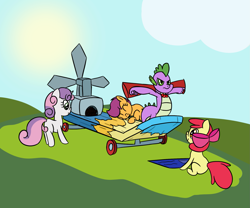 Size: 1757x1462 | Tagged: safe, artist:librarylonging, derpibooru import, apple bloom, scootaloo, spike, sweetie belle, dragon, earth pony, pegasus, pony, unicorn, bow, cheek squish, cutie mark crusaders, dice, engine, hair bow, ornament, scooter, squishy cheeks