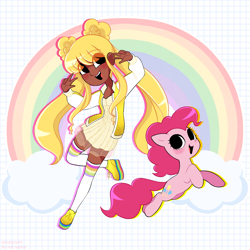 Size: 2500x2500 | Tagged: safe, artist:syrupyyy, derpibooru import, pinkie pie, earth pony, human, pony, clothes, cloud, crossover, cute, dark skin, diapinkes, dress, duo, female, mare, open mouth, peace sign, rainbow, rainbow high, shoes, socks, stockings, sundress, sunny madison, thigh highs