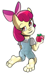 Size: 585x890 | Tagged: safe, artist:zuneycat, derpibooru import, apple bloom, anthro, earth pony, apple, ass, butt, female, filly, foal, food, solo