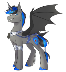 Size: 1098x1200 | Tagged: safe, artist:cosmalumi, derpibooru import, oc, oc:candor champion, alicorn, bat pony, bat pony alicorn, bat wings, digital art, fangs, horn, horn jewelry, jewelry, simple background, smiling, smirk, smug, solo, spread wings, tail, tail wrap, transparent background, wings