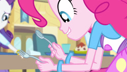 Size: 3410x1920 | Tagged: safe, derpibooru import, screencap, pinkie pie, rainbow dash, rarity, equestria girls, pinkie on the one, rainbow rocks, clothes, cutie mark on clothes, female, fork, high res, lip bite, offscreen character, smiling, spoon