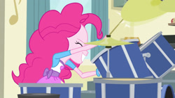 Size: 3410x1920 | Tagged: safe, derpibooru import, screencap, pinkie pie, equestria girls, pinkie on the one, rainbow rocks, clothes, cutie mark on clothes, drum kit, drums, drumsticks, eyes closed, female, grin, high res, musical instrument, smiling, solo