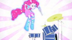 Size: 3410x1920 | Tagged: safe, derpibooru import, screencap, pinkie pie, equestria girls, pinkie on the one, rainbow rocks, boots, clothes, cutie mark on clothes, drum kit, drums, drumsticks, female, grin, high res, musical instrument, ponied up, shoes, smiling, solo