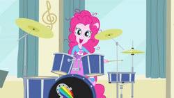 Size: 3410x1920 | Tagged: safe, derpibooru import, screencap, pinkie pie, equestria girls, pinkie on the one, rainbow rocks, clothes, cute, cutie mark on clothes, diapinkes, drum kit, drums, drumsticks, female, high res, musical instrument, open mouth, open smile, ponied up, smiling, solo