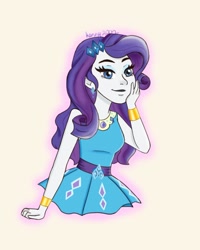 Size: 1080x1350 | Tagged: safe, artist:kenny2002, derpibooru import, rarity, better together, equestria girls, bracelet, clothes, cutie mark on clothes, female, geode of shielding, hairpin, jewelry, magical geodes, rarity peplum dress, smiling, solo