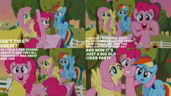 Size: 1280x720 | Tagged: safe, derpibooru import, edit, edited screencap, editor:quoterific, screencap, fluttershy, pinkie pie, rainbow dash, earth pony, pegasus, pony, season 2, the super speedy cider squeezy 6000, bipedal, female, flying, hug, mare, open mouth, open smile, smiling, spread wings, tree, wings