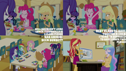 Size: 1280x720 | Tagged: safe, derpibooru import, edit, edited screencap, editor:quoterific, screencap, applejack, fluttershy, pinkie pie, princess celestia, principal celestia, rainbow dash, rarity, sci-twi, sunset shimmer, twilight sparkle, diy with applejack, equestria girls, equestria girls series, schedule swap, spoiler:eqg series (season 2), apple, applejack's hat, bowtie, bracelet, burger, clothes, computer, cowboy hat, cutie mark on clothes, denim skirt, drinking, eyes closed, female, food, geode of empathy, geode of fauna, geode of shielding, geode of sugar bombs, geode of super speed, geode of super strength, geode of telekinesis, glasses, hairpin, hat, high heels, humane five, humane seven, humane six, jacket, jewelry, leather, leather jacket, magical geodes, necklace, open mouth, open smile, ponytail, rarity peplum dress, salad, sandwich, shoes, skirt, smiling, sneakers