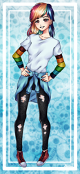 Size: 462x1000 | Tagged: safe, artist:akaruiyoso, derpibooru import, rainbow dash, human, clothes, female, hand on hip, humanized, jeans, pants, ripped jeans, ripped pants, solo, torn clothes