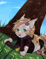 Size: 1700x2200 | Tagged: safe, artist:qawakie, derpibooru import, oc, oc only, anthro, earth pony, clothes, earth pony oc, gloves, long gloves, outdoors, smiling, tree